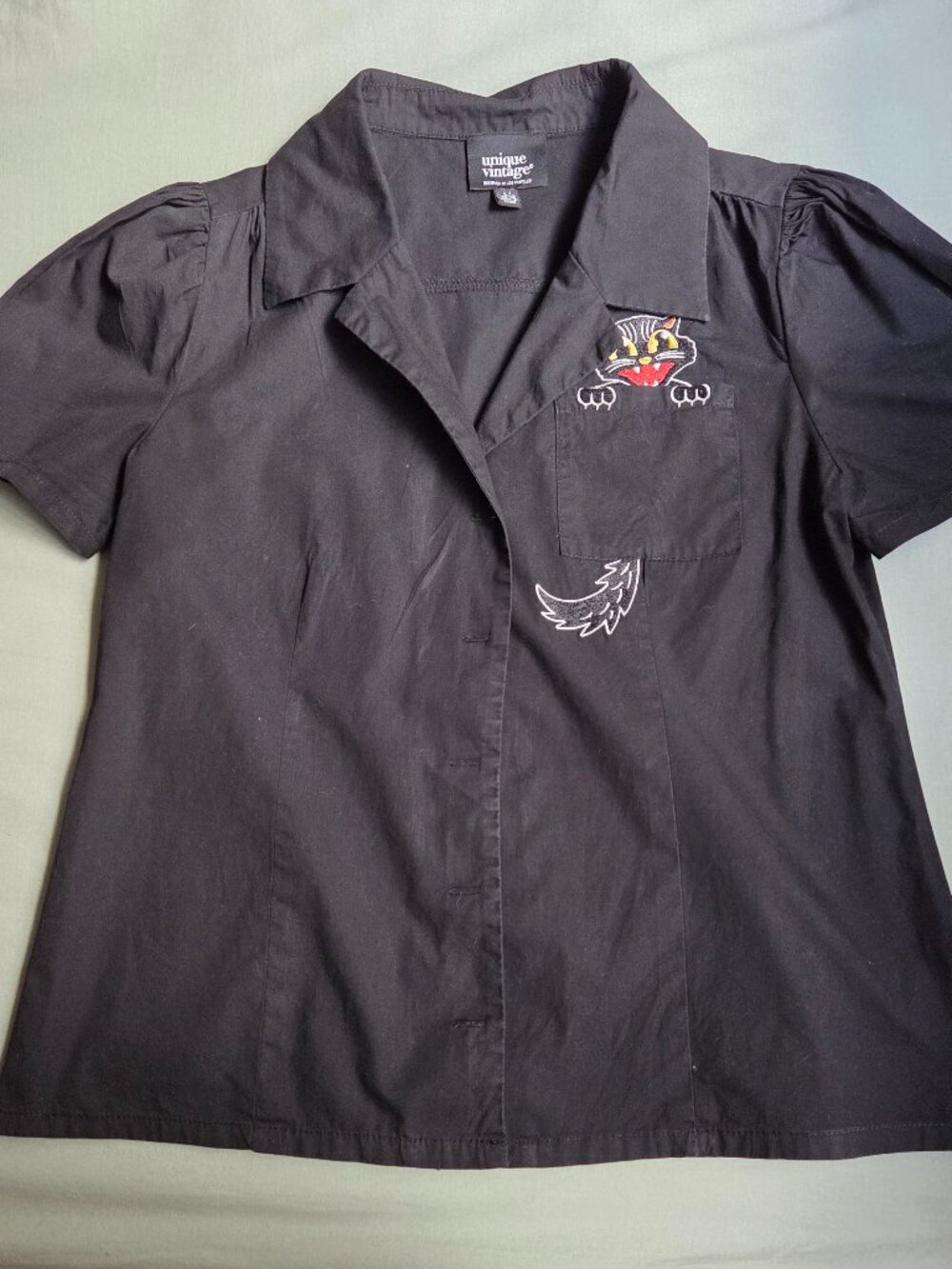 Unique Vintage 1940s Black Spooky Cat Cotton Blouse